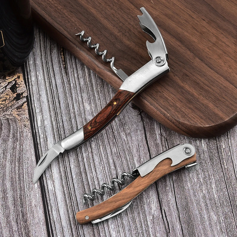 

Portable Wine Opener Wood Handle Wine Bottle Openers Stainless Steel Folding Knife Corkscrew Jar Bar Beer Kitchen Utensil 4.25''