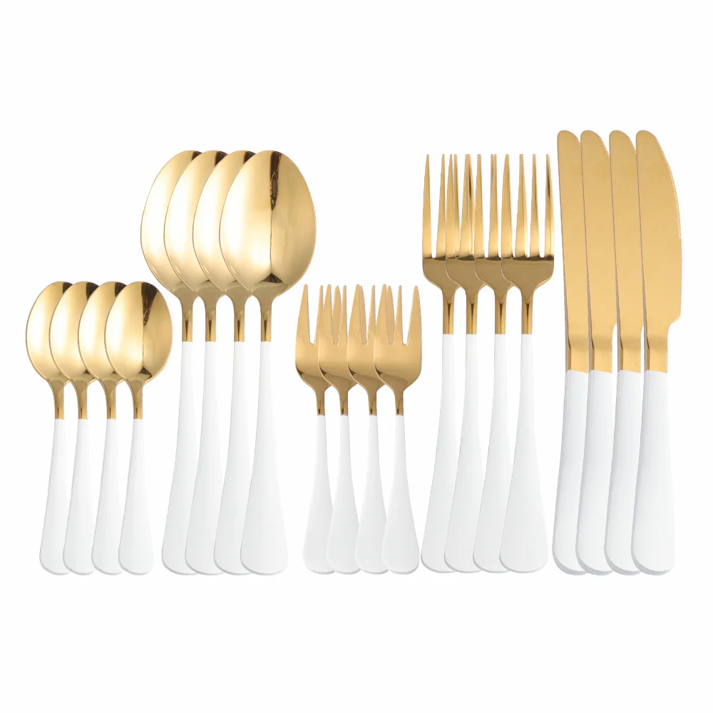 

20Pcs White Gold Stainless Steel Cutlery Tableware Set Travel Dinnerware Dinner Flatware Set Forks Knives Spoons Set Silverware