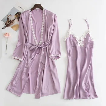 Purple Satin Twinset Robe Set Nightgown Silky Home Clothes Kimono Bathrobe Nightwear Soft Nighty&Robe Suit With Balt
Purple Satin Twinset Robe Set Nightgown Silky Home Clothes Kimono Bathrobe Nightwear Soft Nighty&Robe Suit With Balt