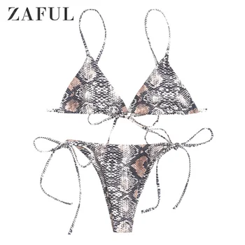 

ZAFUL Snake Print High Leg Cami Bikini Swimwear For Women Spaghetti Straps String Bikini Sets Low Waisted Two Pieces Swimsuit