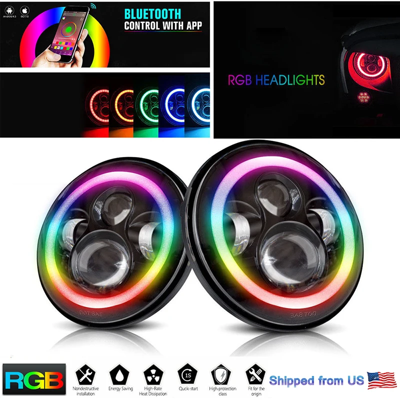 Pair 7" inch RGB LED Headlights 120W Hi-Low Beam with Angel eyes Multi-color For Jeep Wrangler JL CJ JK LXY Ford Mustang
Pair 7" inch RGB LED Headlights 120W Hi-Low Beam with Angel eyes Multi-color For Jeep Wrangler JL CJ JK LXY Ford Mustang