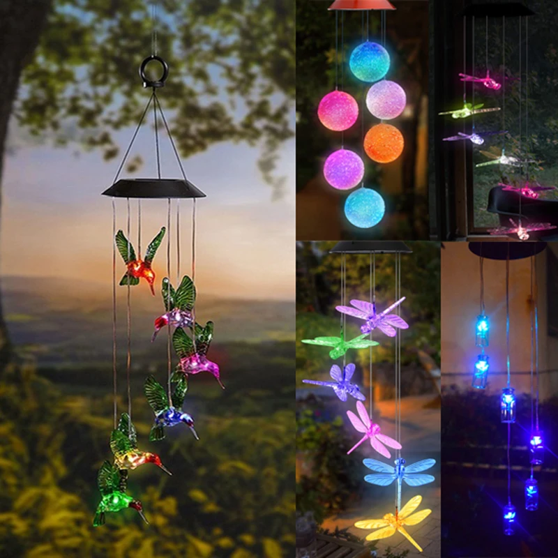 

Solar Powered LED Wind Chime Transparent Hummingbird Wind Chime Color-Changing Waterproof for Party Patio Yard Garden Decor