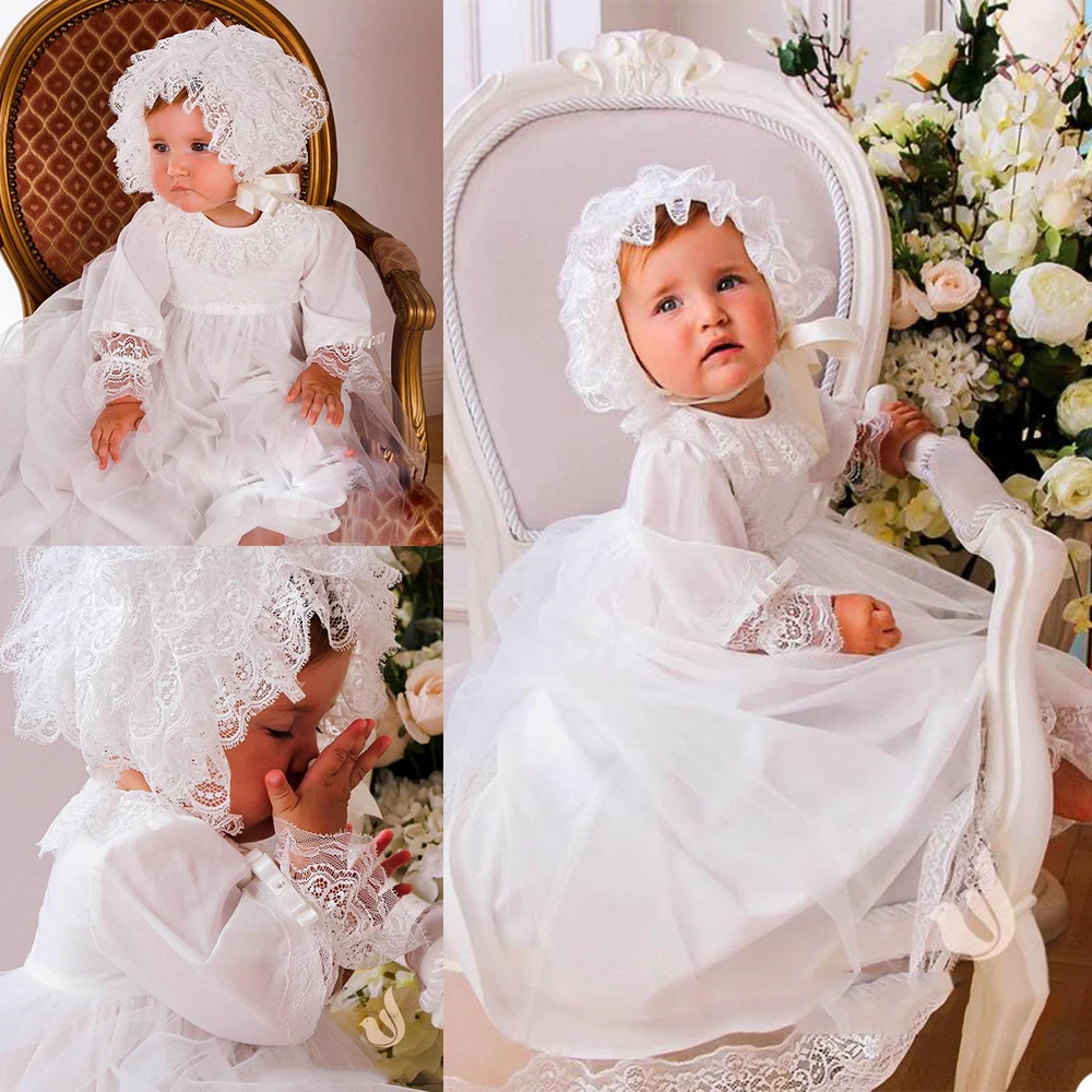 

2021 Lace Christening Gowns For Cute Baby Girl Long Sleeve Appliques Baptism Dresses With Bonnet First Communication Dress