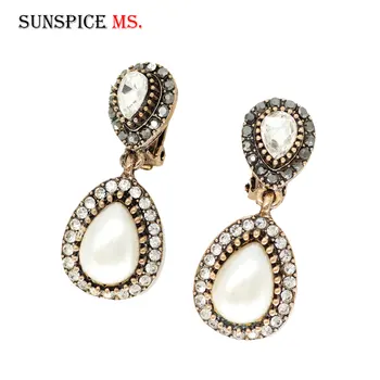 

SUNSPICE MS Turkish Crystal Drop Earrings for Women Antique Gold Color Imitation Pearl Clip Earring Banquet Wedding Jewelry