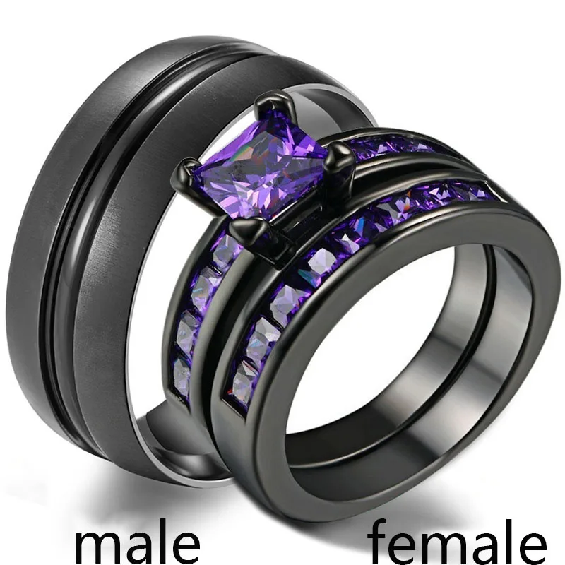 

Sz5-12 Couple Rings His Hers 6mm Purple cubic zirconia Black Gold Filled Women's Ring Sets black Stainless Steel Men's jewelry