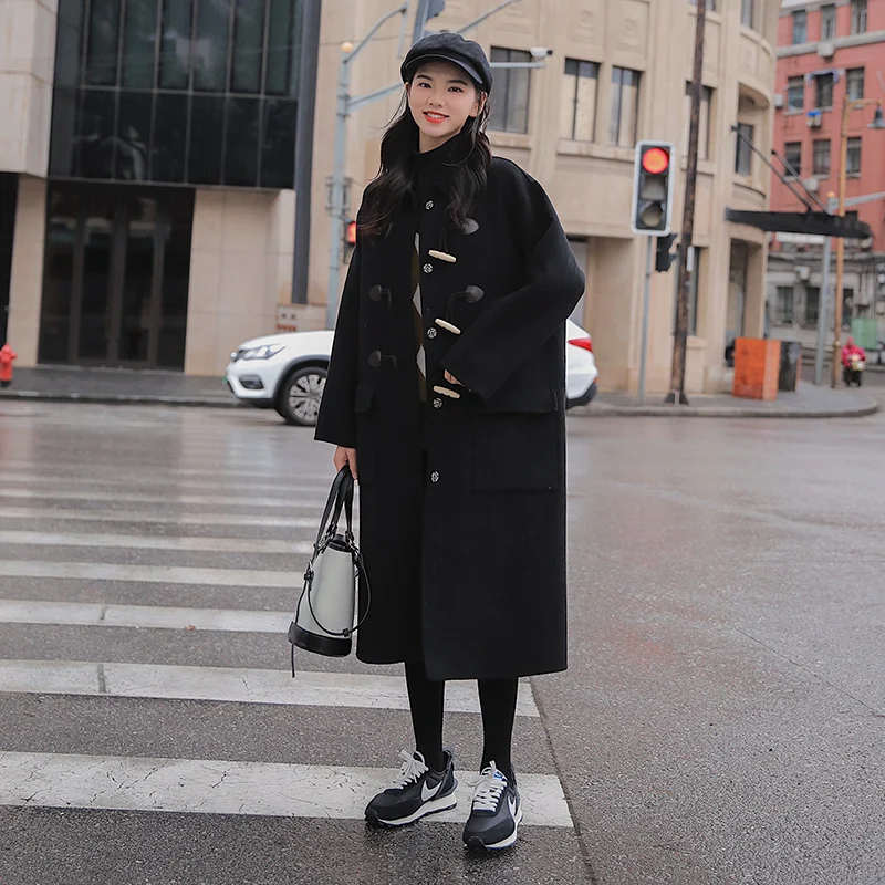 

Brand Pop Long Women Overcoat Horn Button Wool Blend Coat for Lady Winter Outerwear Female Clothes Thick Warm Black