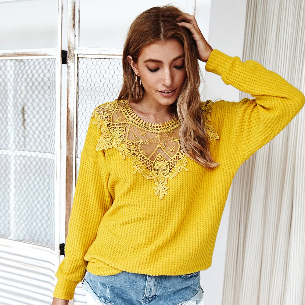 Fashion Stitching Lace Women's Sweater Casual Long Sleeve Solid Pullover Knitting Sweater 2020 Autumn Sexy Hollow Out Loose Tops
Fashion Stitching Lace Women's Sweater Casual Long Sleeve Solid Pullover Knitting Sweater 2020 Autumn Sexy Hollow Out Loose Tops