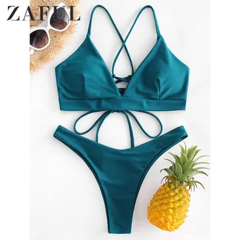 

ZAFUL Back Lace-up Thong Bikini Criss-Cross Swimwear Women High Cut Swimsuit Peacock Blue Straps Low Waist Biquni Bathing Suit