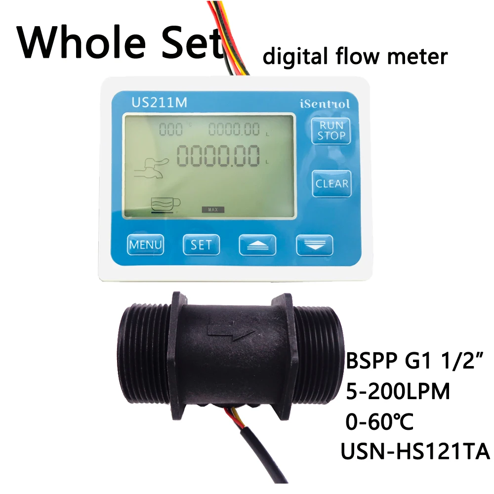 

US211M Digital Flow Meter & USN-HS121TA PA66 Nylon and Fibre Glass Hall Flow Sensor Measurement 5-200L/minBSPP G1 1/2" Dijiang