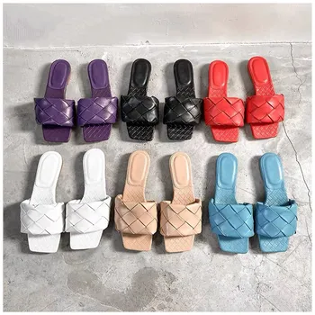 

SUOJIALUN 2020 New Brand Slippers Weave Leather Women Sandal Open Toe Flat Casual Slides Summer Outdoor Beach Female Flip Flops