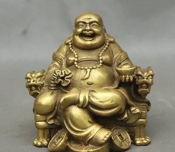 

Chinese Brass Sit Dragon Chair Wealth Money Happy Laugh Maitreya Buddha Statue