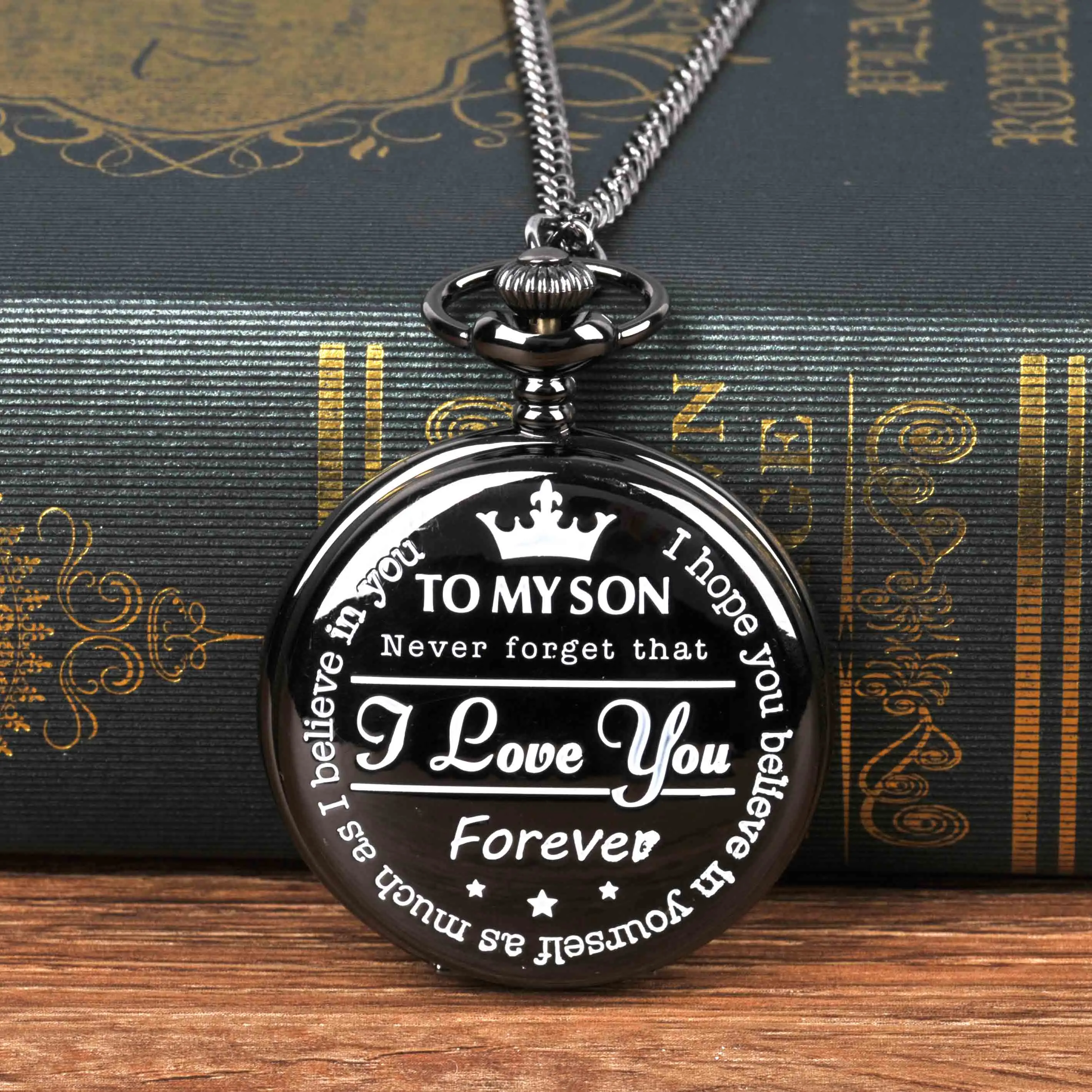 

8807"To my son, I love you" series pocket watch fashion retro black Roman numerals pocket watch with chain