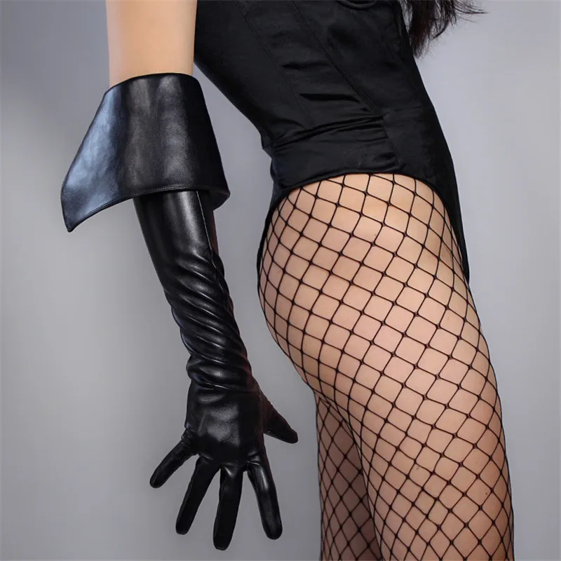 

TECH LONG GLOVES Faux Leather PU 26" 65cm Black Extra Deepth Cut Flip Foldover Women's Leather Gloves Touchscreen WPU171