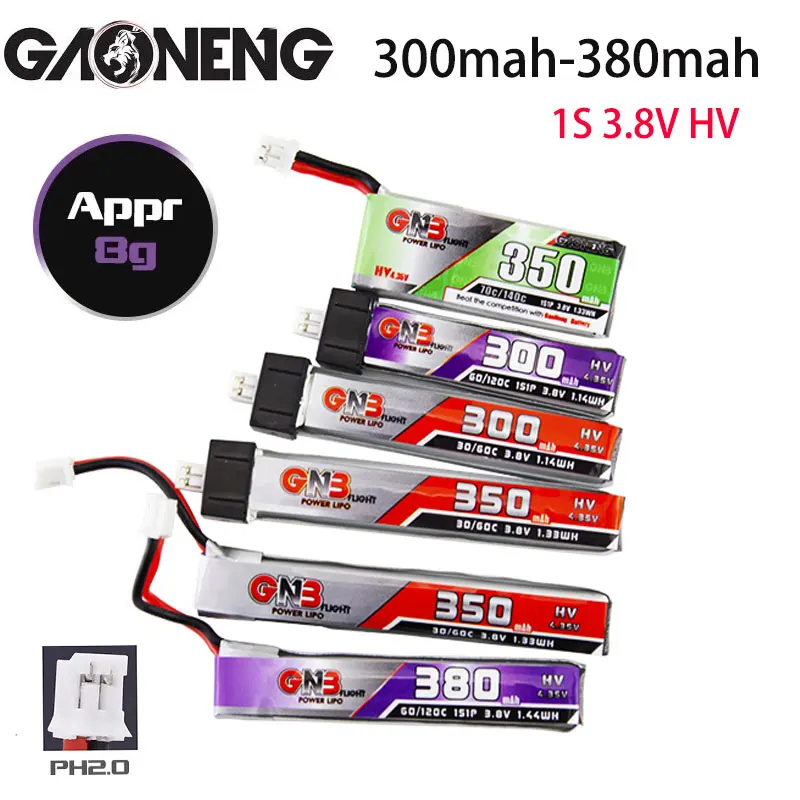 10PCS GAONENG 1S HV Battery 3.8V 300mAh 350mAh 380mah 30C-70C PH2.0 for BetaFPV 65S UK65 Blade UR65 Tiny Whoop Drone
10PCS GAONENG 1S HV Battery 3.8V 300mAh 350mAh 380mah 30C-70C PH2.0 for BetaFPV 65S UK65 Blade UR65 Tiny Whoop Drone