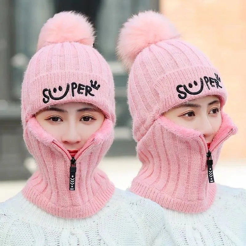 

Hat Lady autumn winter knitted ear protection wool hat face mask warm with velvet thickened cycling head scarf body cap