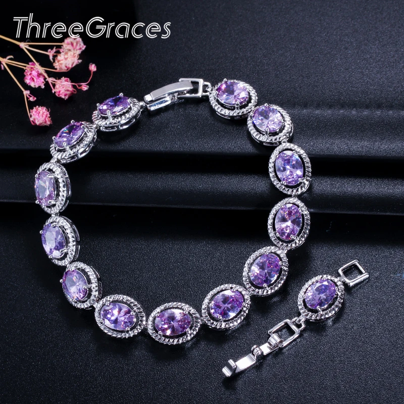 

ThreeGraces Brand Shinny Big Oval Purple Cubic Zirconia Stone White Gold Color CZ Bracelets Bangle for Women Party Jewelry BR098