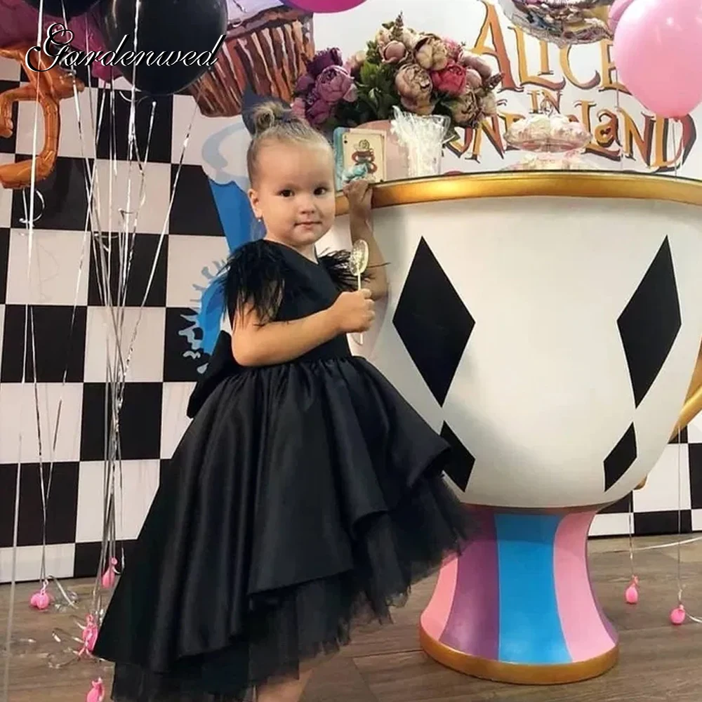 Puffy Pink Satin Bow Flower Girl Dresses Kids Cap Feather Sleeves Communion Ball Gown Dress, Princess Dream Dresses Puffy Pink Satin Bow Flower Girl Dresses Kids Cap Feather Sleeves Communion Ball Gown Dress, Princess Dream Dresses