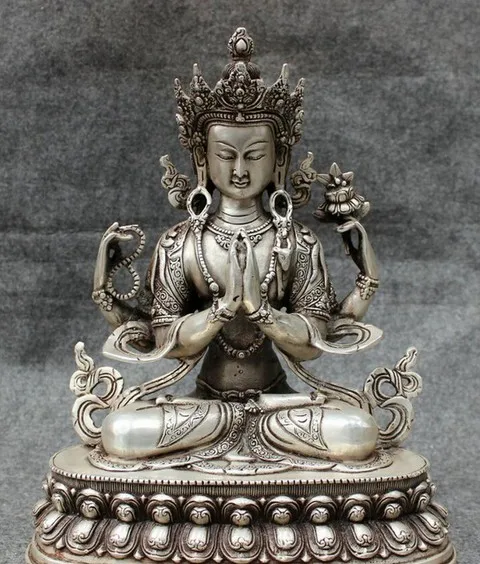 Фото YM 317 12 &quotтибетское серебро буддизм Защита 4 руки Chenrezig статуя Будды Kwan-Yin JoSS | Дом и