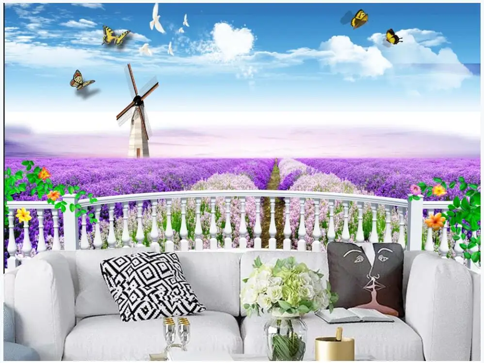 

Custom mural on the wall 3d wall paper Balcony window lavender blue sky white cloud butterfly photo wallpaper in the living room