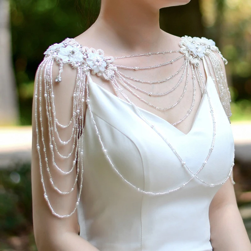 Elegant wedding dress pearl crystal shoulder chain jewelry flower lace beaded breast chain design woman tassel necklace accessor
Elegant wedding dress pearl crystal shoulder chain jewelry flower lace beaded breast chain design woman tassel necklace accessor