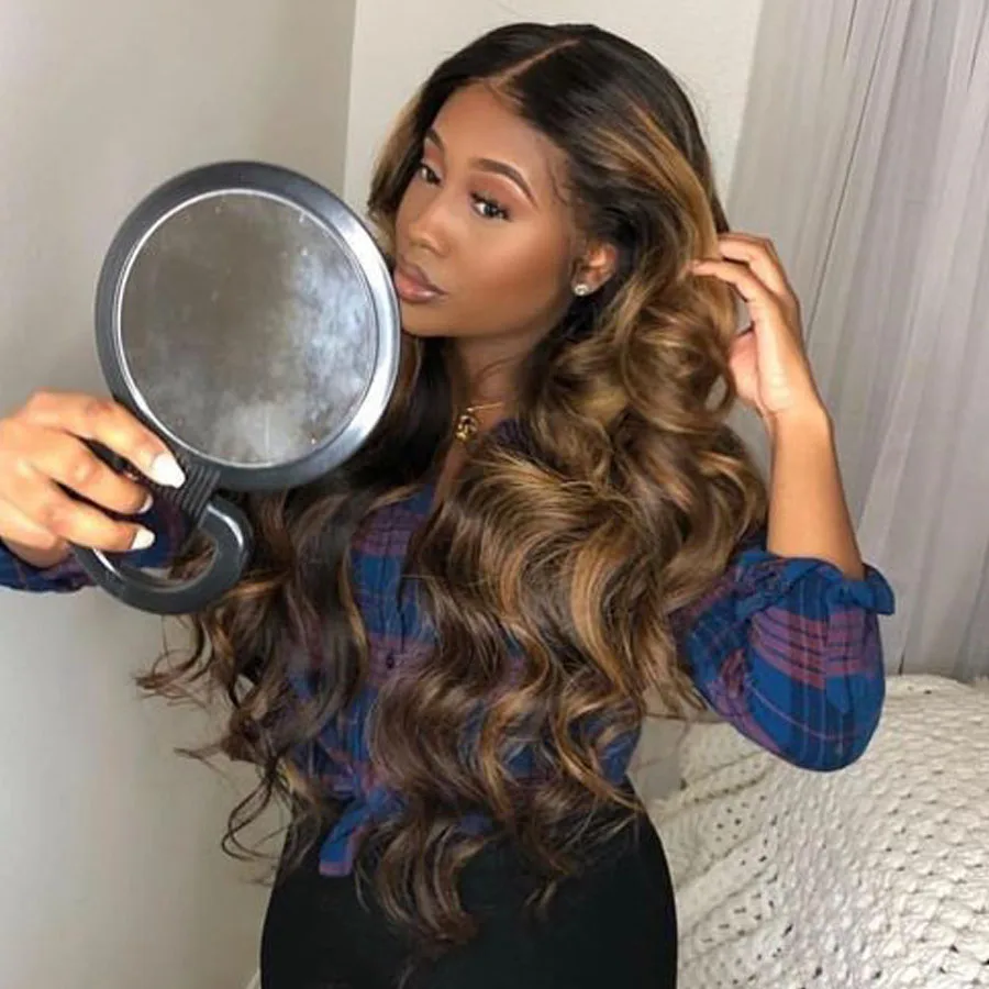 

13x4 Colored Human Hair Wig Brown and Honey Blonde Highlighted Wig Body Wave Peruvian Remy Preplucked Ombre Brown Lace Front Wig