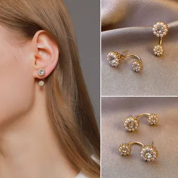 

LATS Back Hanging Round Pearl Earrings for Women Sweet Sunflower Dangle Earring Korea Drop Earings 2020 Brincos Fashion Jewelry