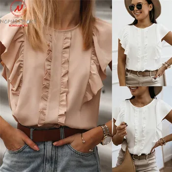 Fashion Women Summer Ruffles Sleeve T-Shirts Hollow Out Patchwork Design Button Ruffles Decor O-Neck Short Sleeve Solid Slim Top
Fashion Women Summer Ruffles Sleeve T-Shirts Hollow Out Patchwork Design Button Ruffles Decor O-Neck Short Sleeve Solid Slim Top