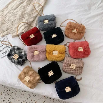 

1 PC Plush Small Square Bag Simple Lock Single Shoulder Slung Chain Bag Crossbody Messenger Bag Winter Summer Dropship New