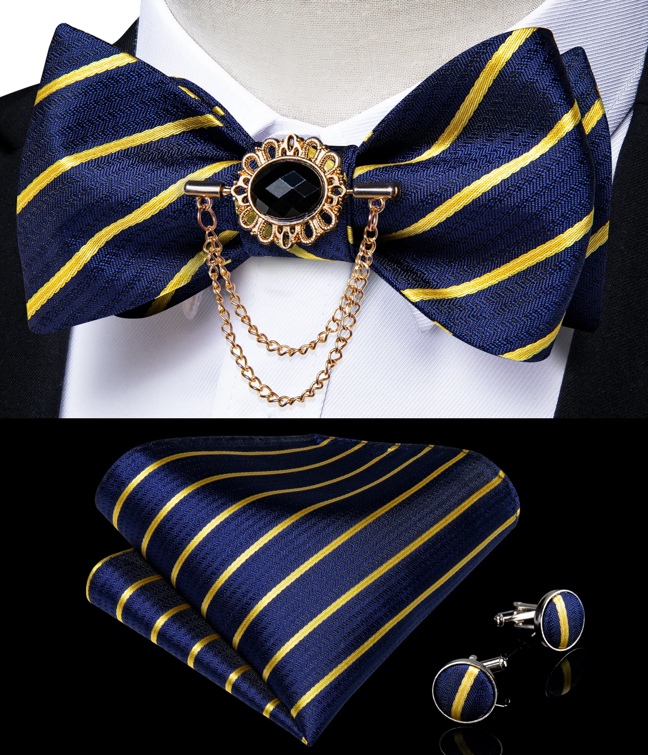 Navy Yellow Stripe Men Self Tie Bow Tie Silk Woven Wedding Business Party Men Butterfly Necktie Hanky Brooch Pin Set DiBanGu
Navy Yellow Stripe Men Self Tie Bow Tie Silk Woven Wedding Business Party Men Butterfly Necktie Hanky Brooch Pin Set DiBanGu