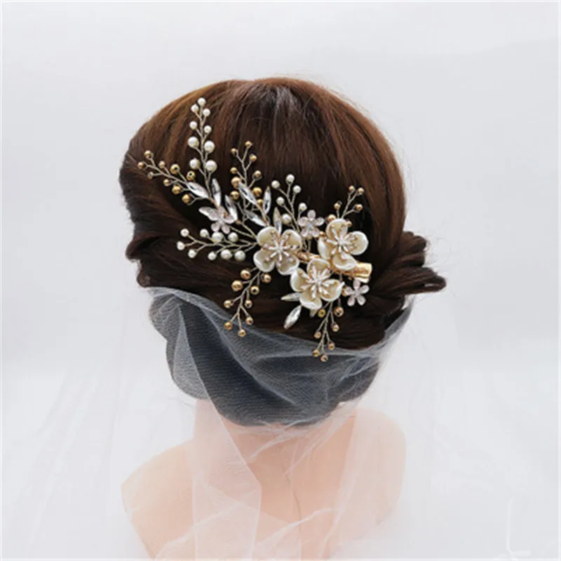 

FIAZIA Gold Metal Bead Bridal Hair Combs Wedding Jewelry Accessories Handmade Rhinestone Pearls Bride Hairdress Pins Hairpin