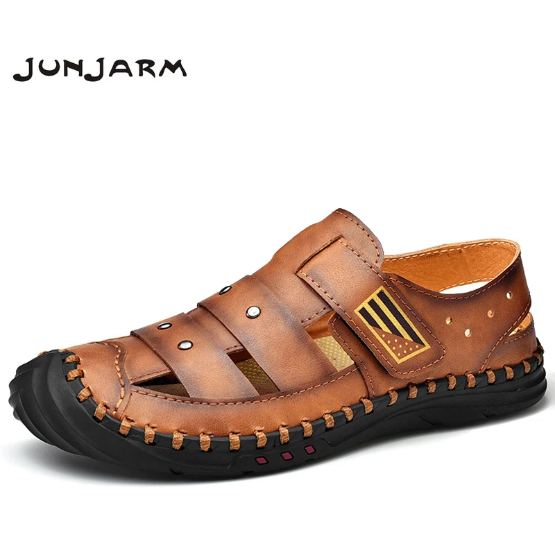 Фото JUNJARM/Новинка Летние сандалии Мужская повседневная обувь из натуральной кожи