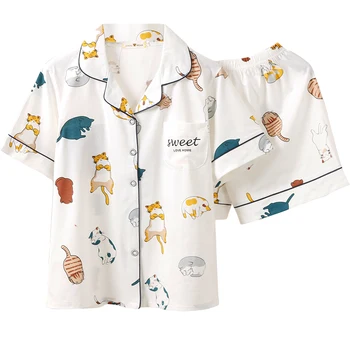 Summer Women Cotton Pajamas Sets Cute White Cat Print Short Sleeve Sleepwear With Eye Mask Girls Nightwear Lovely Homewe
Summer Women Cotton Pajamas Sets Cute White Cat Print Short Sleeve Sleepwear With Eye Mask Girls Nightwear Lovely Homewe