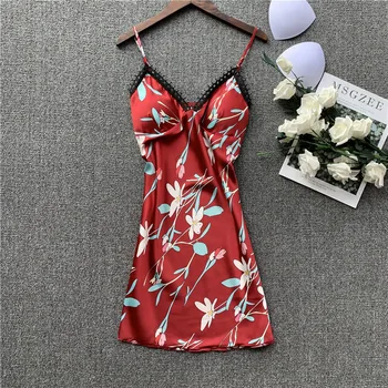 

Lisacmvpnel Ice Silk Nightgown Woman Sexy Camisole Reveal Back Charming Imitate Real Silk Printing Nightwear