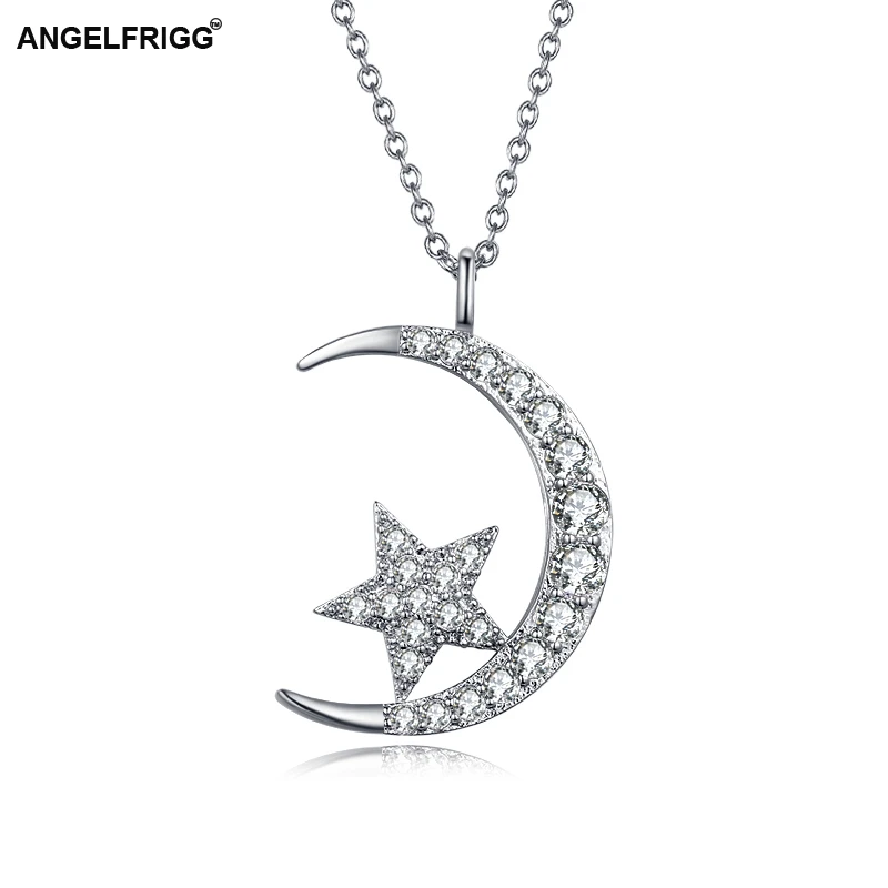 Фото ANGELFRIGG модного серебристого цвета Луна Звезда подвеска ожерелье с кристаллом CZ