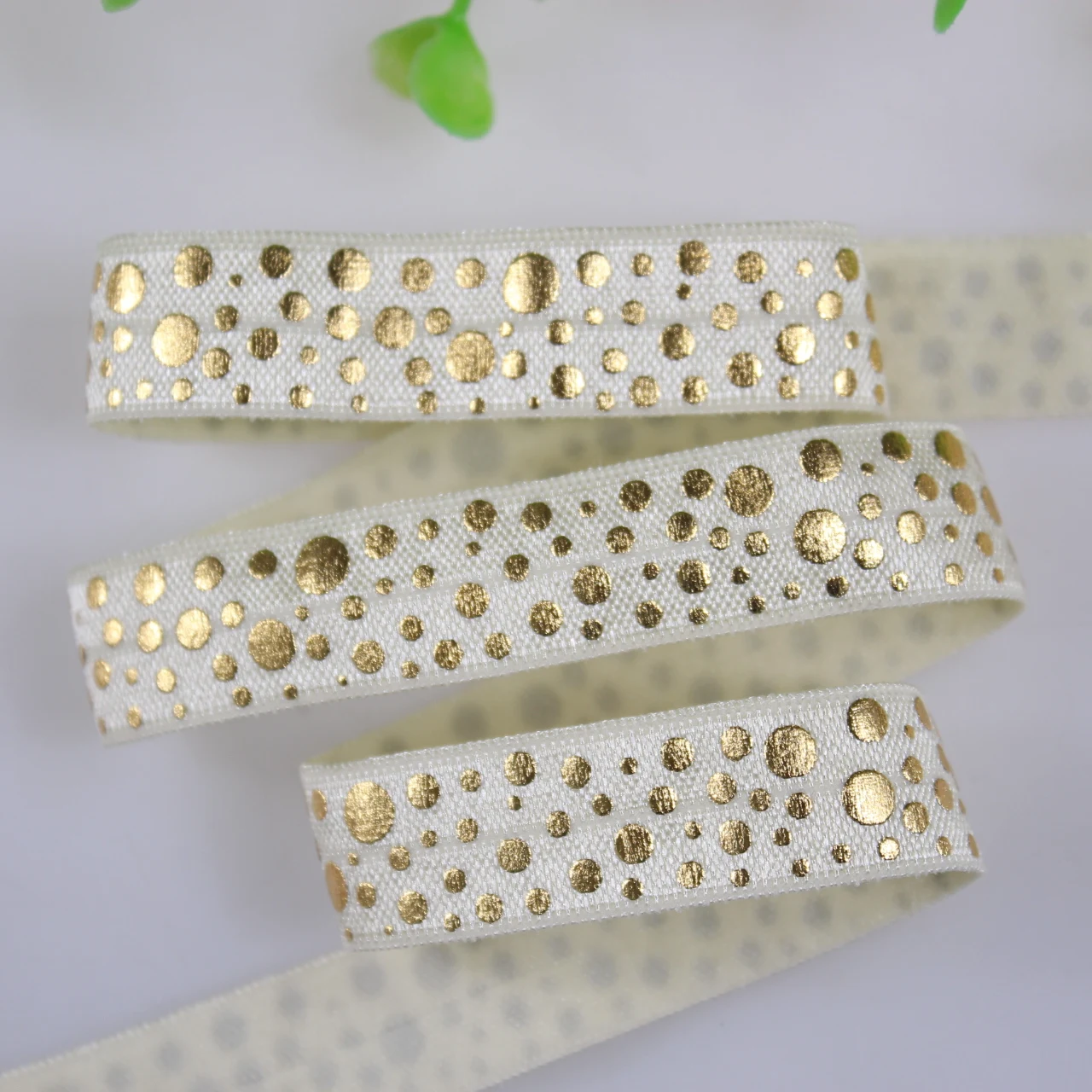 

New Design 5/8" Gold Foil Dots Printed 820 Candlelight FOE Fold Over Elastic Ribbon 100Yards