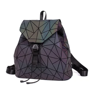 

Women Backpack Diamond Lattice Geometry Quilted School Bag Backpacks For Teenage Girl Luminous School Bags Holographic Mochila