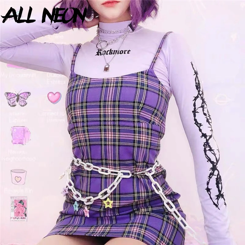 Фото ALLNeon E girl Стиль Спагетти ремень фиолетовые платья в клетку Винтаж - купить