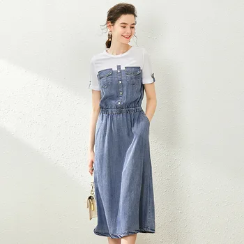 2020 Summer Korean Style Women Fashion O Neck Short Sleeves Stitching Contrast Single-Button Pockets Denim Dress
2020 Summer Korean Style Women Fashion O Neck Short Sleeves Stitching Contrast Single-Button Pockets Denim Dress
