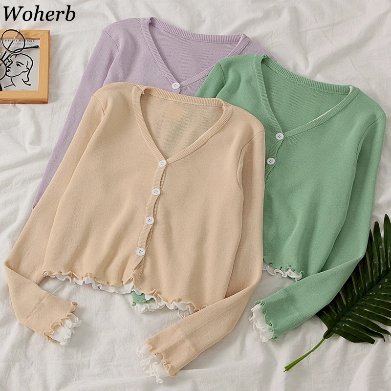 Woherb Ruffled Cardigans Sweater Female Spring 2020 New Korean Simple Long - Sleeve Knit Single-breasted Thin Cardigans 25449
Woherb Ruffled Cardigans Sweater Female Spring 2020 New Korean Simple Long - Sleeve Knit Single-breasted Thin Cardigans 25449