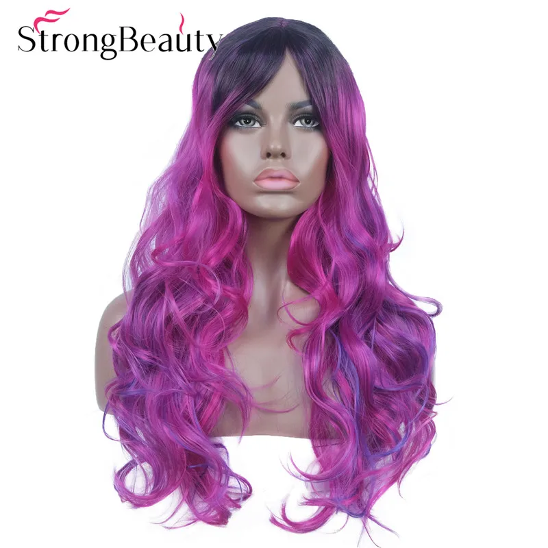 

StrongBeauty Long Wavy Wigs Natural Women Synthetic Hair Purple Wig with Black Root Cosplay Hair Many Colors