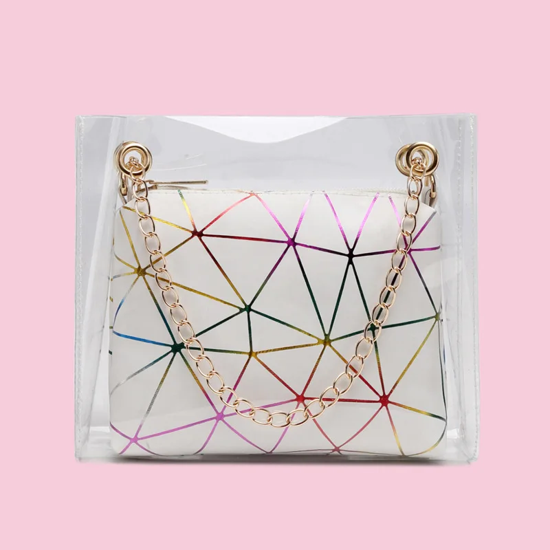 Laser Print Transparent Clear PVC Jelly Shoulder Bag Women Girl Purse Handbag Bag Set Long Chain Mini Crossbody Messenger Bags
Laser Print Transparent Clear PVC Jelly Shoulder Bag Women Girl Purse Handbag Bag Set Long Chain Mini Crossbody Messenger Bags