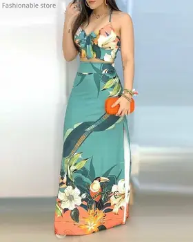 Women Floral Print 2pcs Suits Sleeveless Print Tie Front Crop Top and High Waist Slit Maxi Skirt Set 
Women Floral Print 2pcs Suits Sleeveless Print Tie Front Crop Top and High Waist Slit Maxi Skirt Set