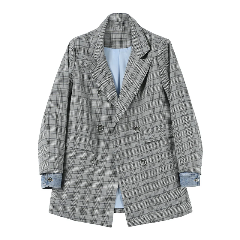 TWOTWINSTYLE Plaid Patchwork Denim Women's Jacket Lapel Collar Long Sleeve Korean Female Jacket Coats 2019 Autumn Fashion New (5).jpg