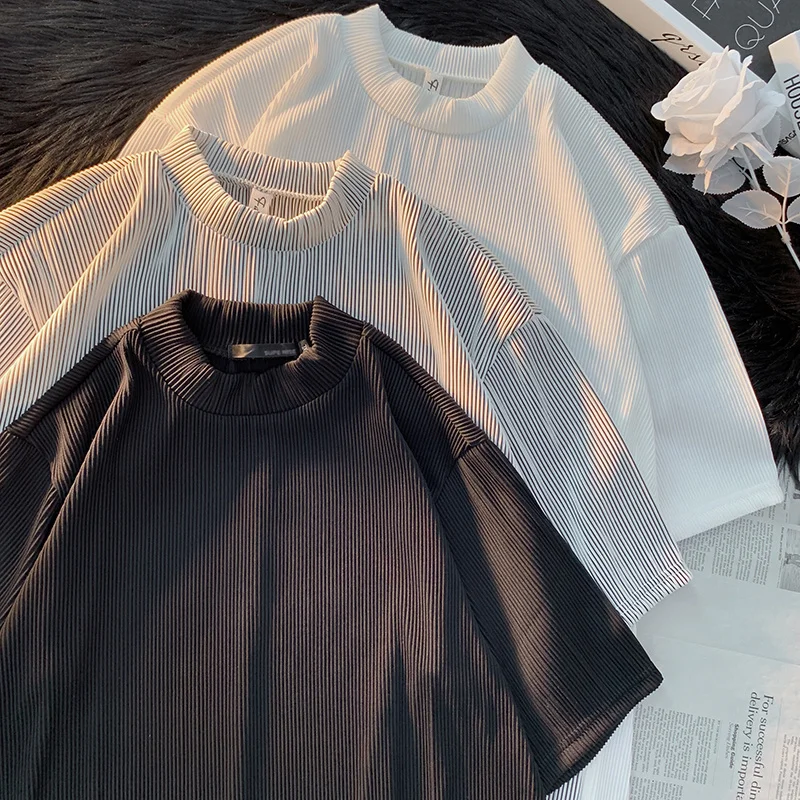Летняя плиссированная футболка Мужская модная серая/черная/белая Повседневная с
