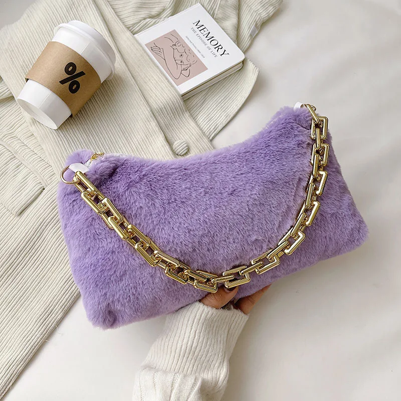 

Soft Plush Shoulder Bag Fashion Women Candy Color Winter Cloud Bag Female Thick Chain Handbags Ladies Warm Faux Fur Underarm Bag