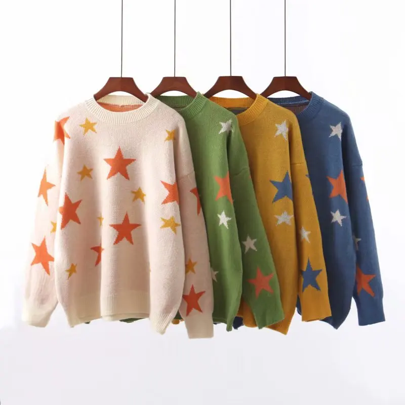 

Women Clothes 2019 Autumn and Winter Clothes Women Lazy Wind Round Neck Five Pointe Star Pull Femme Pullover Women Sweater Women