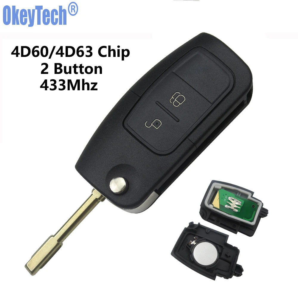 OkeyTech for Ford Mondeo Fiesta C-Max S-Max 433Mhz 4D60/4D63 Transponder Chip Flip Folding Remote Car Key FO21 Blade 2 Button | Автомобили