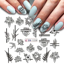 1 Uds. Etiqueta engomada del arte del clavo de la flor negra calcomanía hueco acuarela diseños florales transferencia de agua manicura deslizador decoración JIBN1213-1224-1(China)