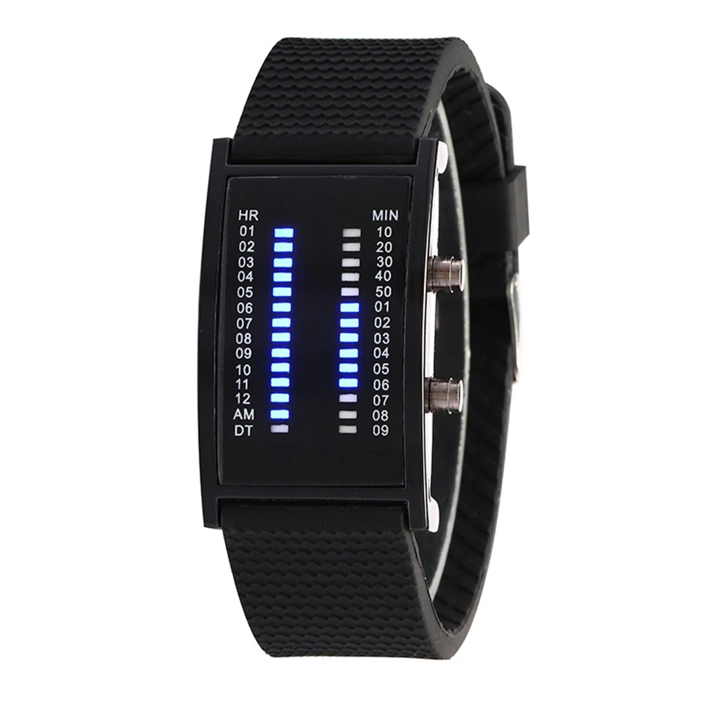 

Binary LED Watches Couples Lovers Watch Gift Fashion Men And Women Luxury Rectangle Shape Blue Light Silicone Men Sports Digital