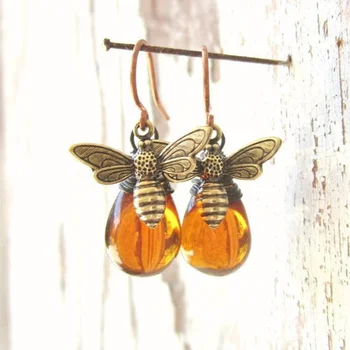 

Honey Bee Earrings Wire Wrapped Drops Honey Earrings for Women Female Glass Dangle Earrings Jewelry Gift for Lover